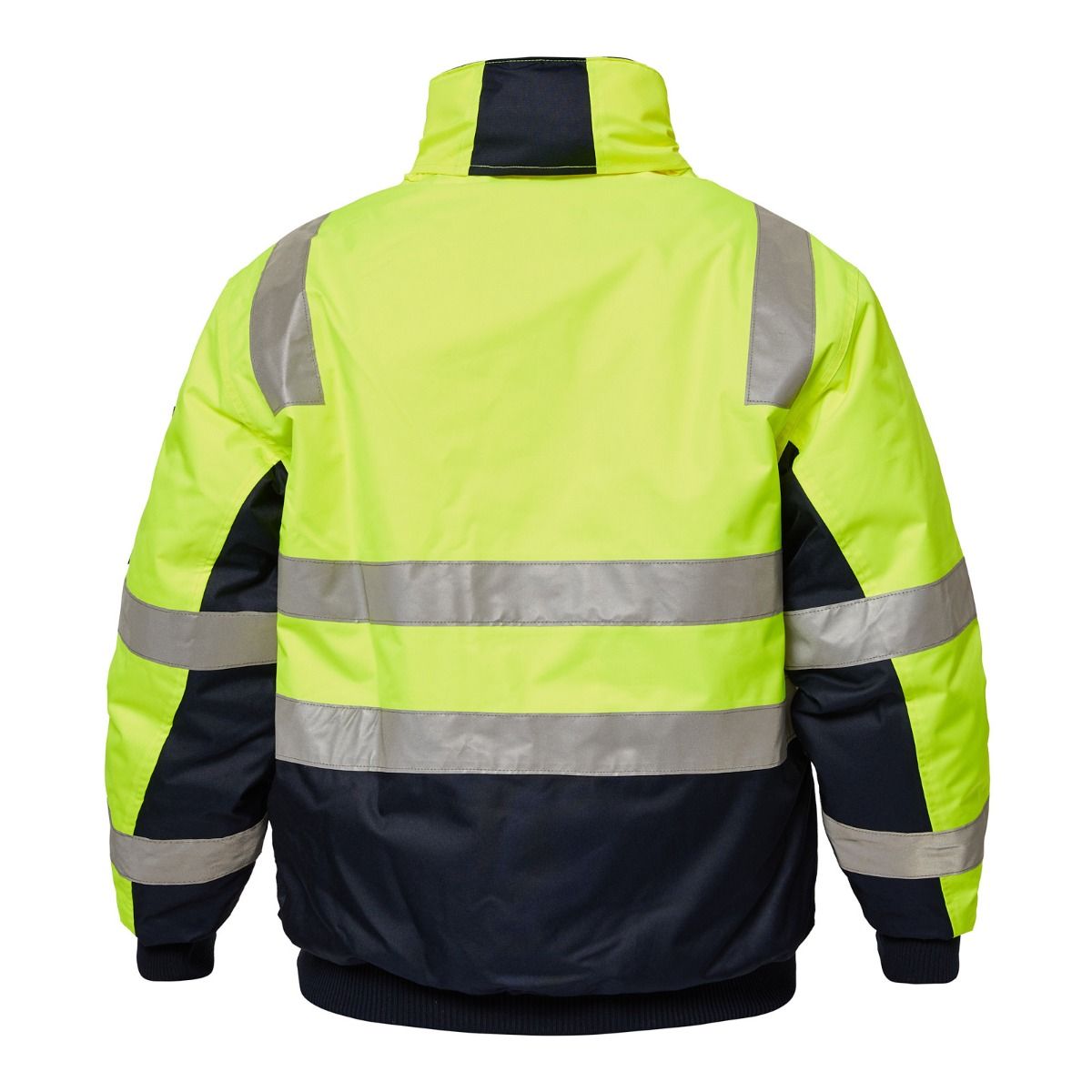 High-visibility yellow jacket with reflective stripes on a white background