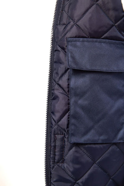 Navy quilted jacket with a pocket and zipper on a white background