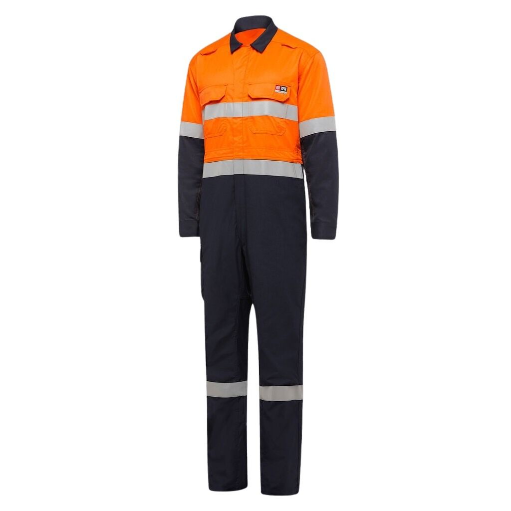 Orange and navy work jumpsuit with reflective stripes on a white background