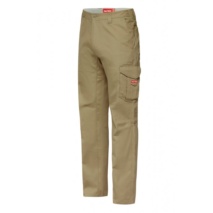 Beige cargo pants with brand logo on a white background