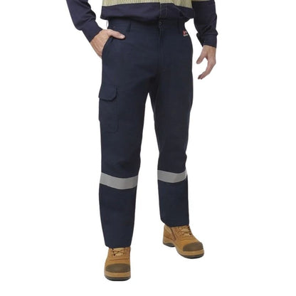 Navy work pants with reflective stripes worn by a person on a white background