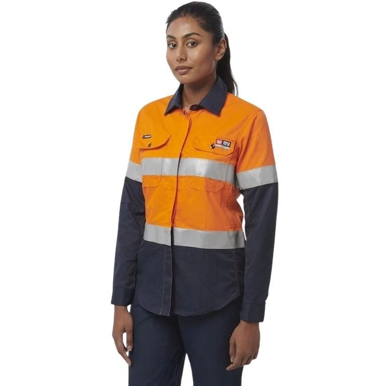 KingGee Y04050 Womens Shieldtec FR HiVis Shirt - Orange/Navy - Detail View