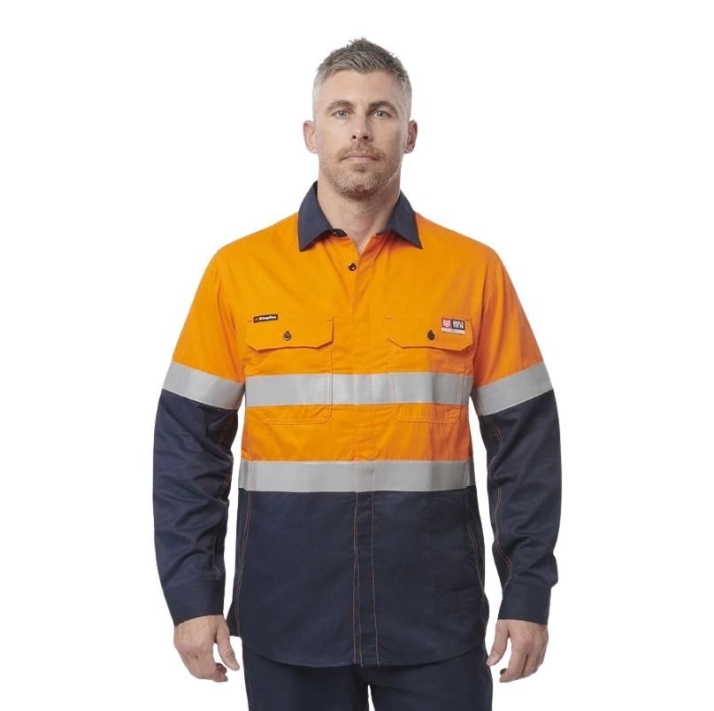 KingGee Y04350 Shieldtec FR Hivis 2tone Open Front Taped Shirt - Orange/Navy - Lifestyle