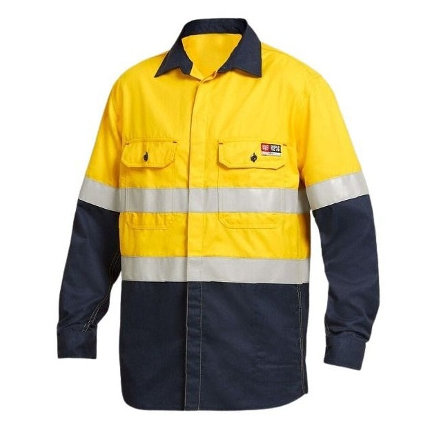 KingGee Y04350 Shieldtec FR Hivis 2tone Open Front Taped Shirt - Yellow/Navy - Lifestyle