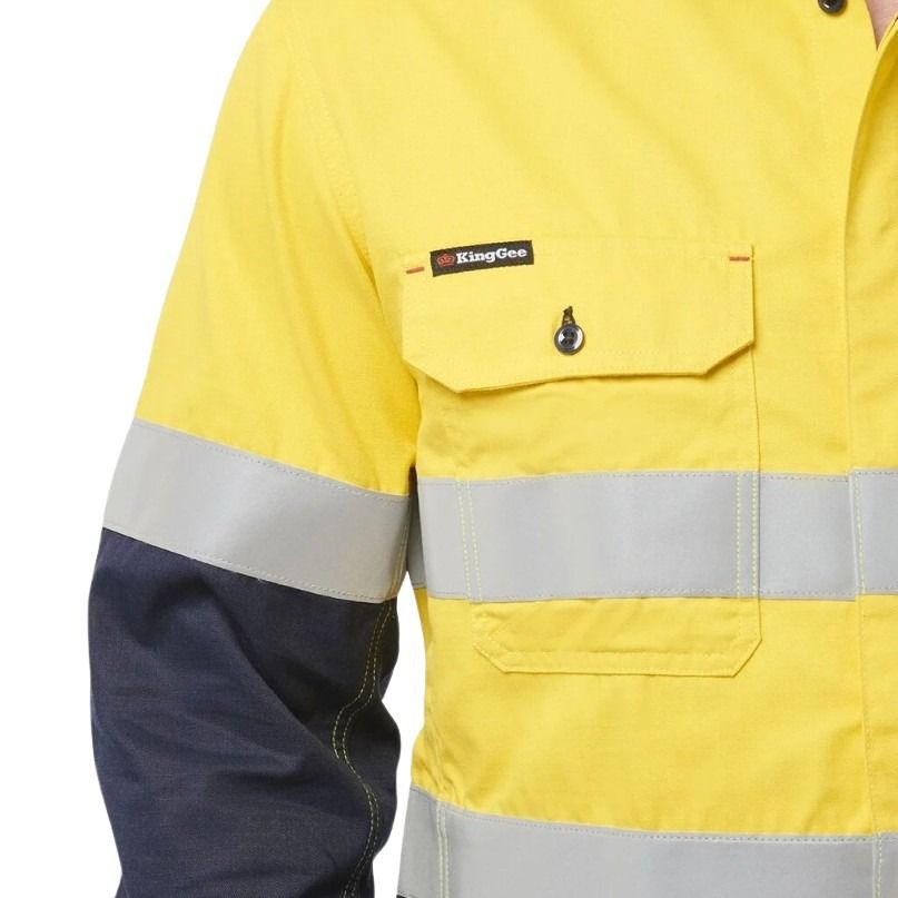 Yellow safety jacket with reflective stripes and King Gee logo on a white background