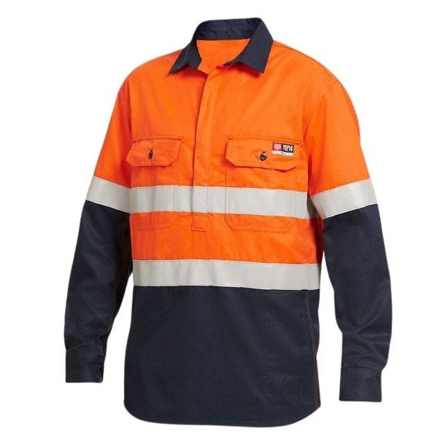 KingGee Y04550 Shieldtec FR Hivis 2tone Closed Front Taped Shirt - Orange/Navy - Product View