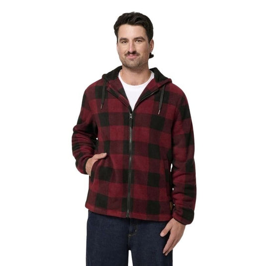 Man wearing a red and black checkered Sherpa jacket on a white background