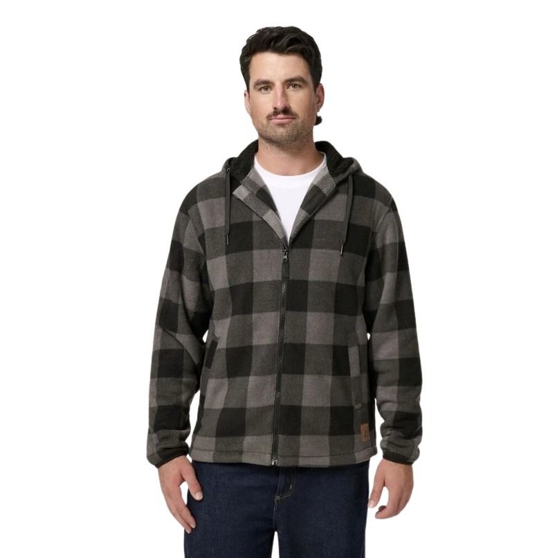 Man wearing a plaid sherpa jacket on a white background