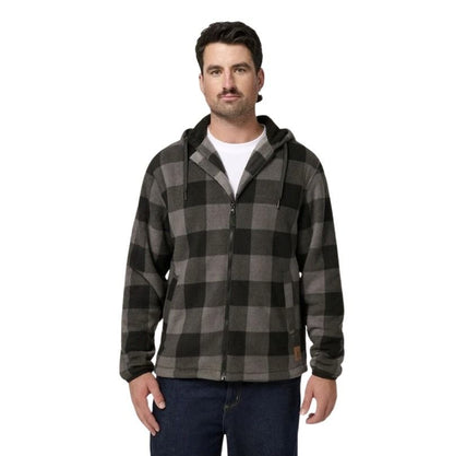 Man wearing a plaid sherpa jacket on a white background