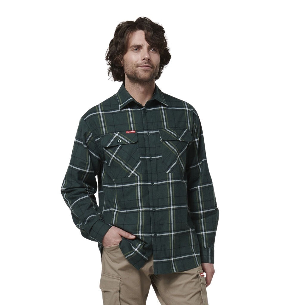 Hard Yakka Y07752 Long Sleeve Check Flannel - Green/White Check - Front View