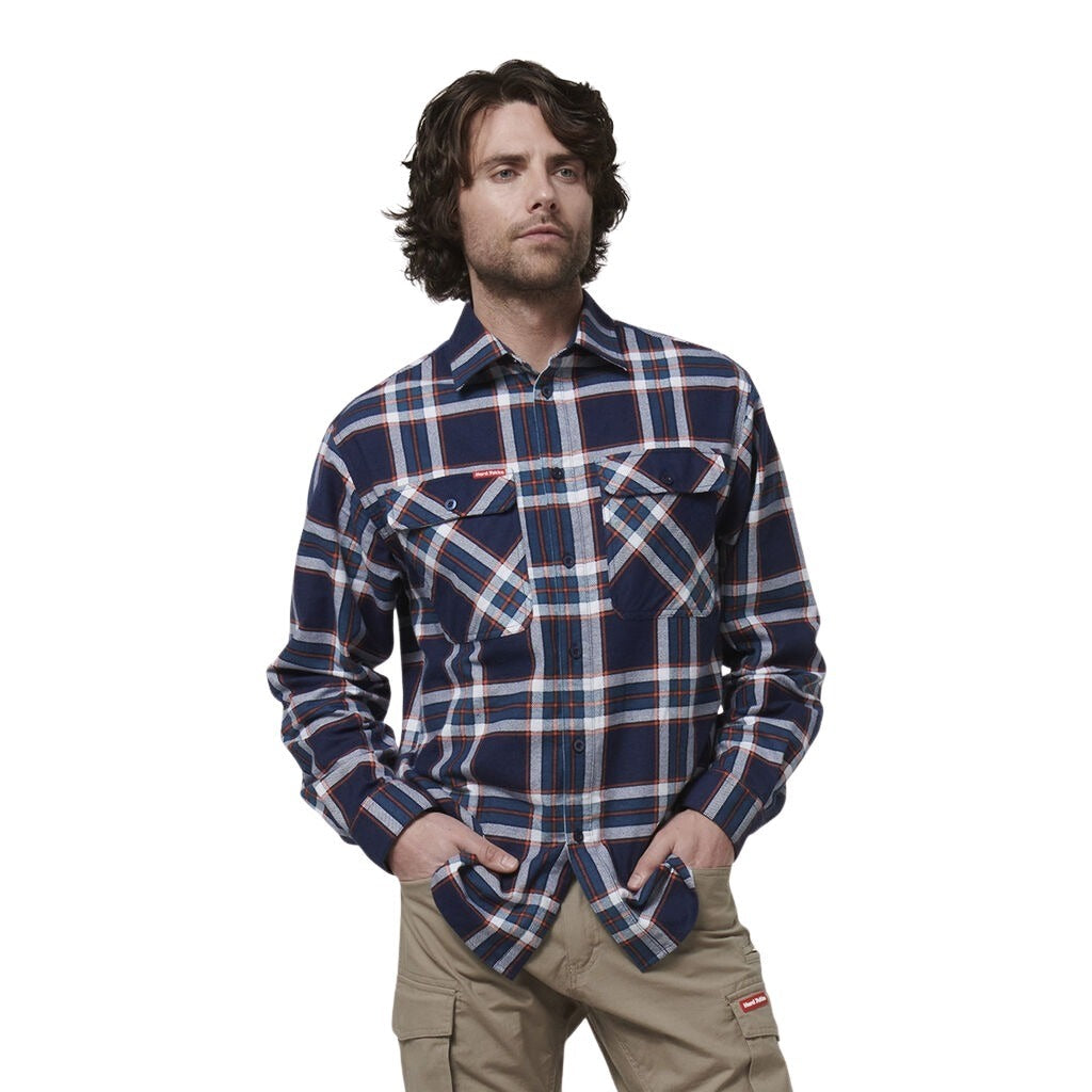 Hard Yakka Y07752 Long Sleeve Check Flannel - Navy/White/Orange Check - Front View