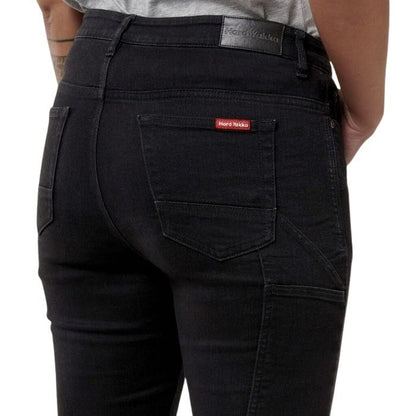 Black jeans with a brand label on a white background