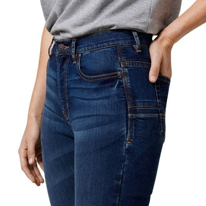 Person wearing blue jeans with a gray shirt on a white background
