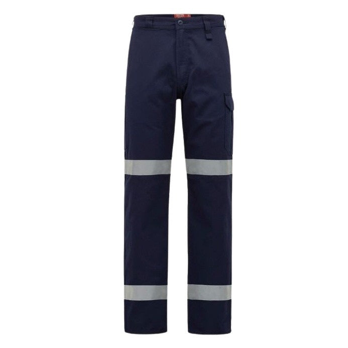 Navy work pants with reflective stripes on a white background