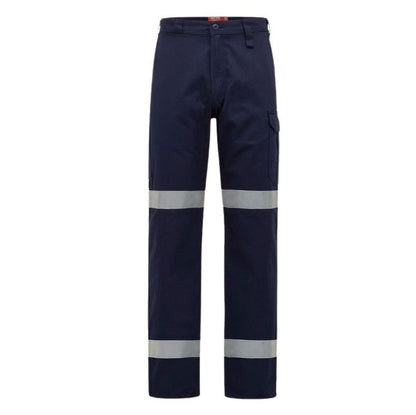 Navy work pants with reflective stripes on a white background