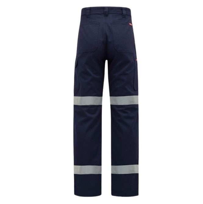Navy work pants with reflective stripes on a white background