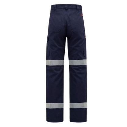 Navy work pants with reflective stripes on a white background