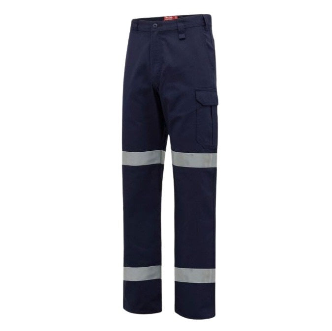 Navy work pants with reflective stripes on a white background
