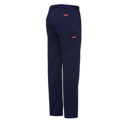 Navy blue work pants with red labels on a white background