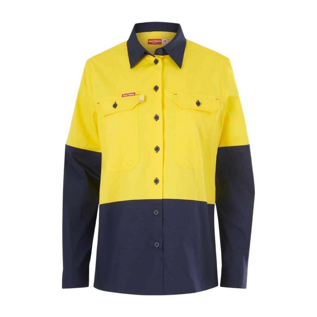 Hard Yakka Y08423 Womens Long Sleeve Hi Vis 2 Tone Vented Shirt - Yellow/Navy - Alternative Front View