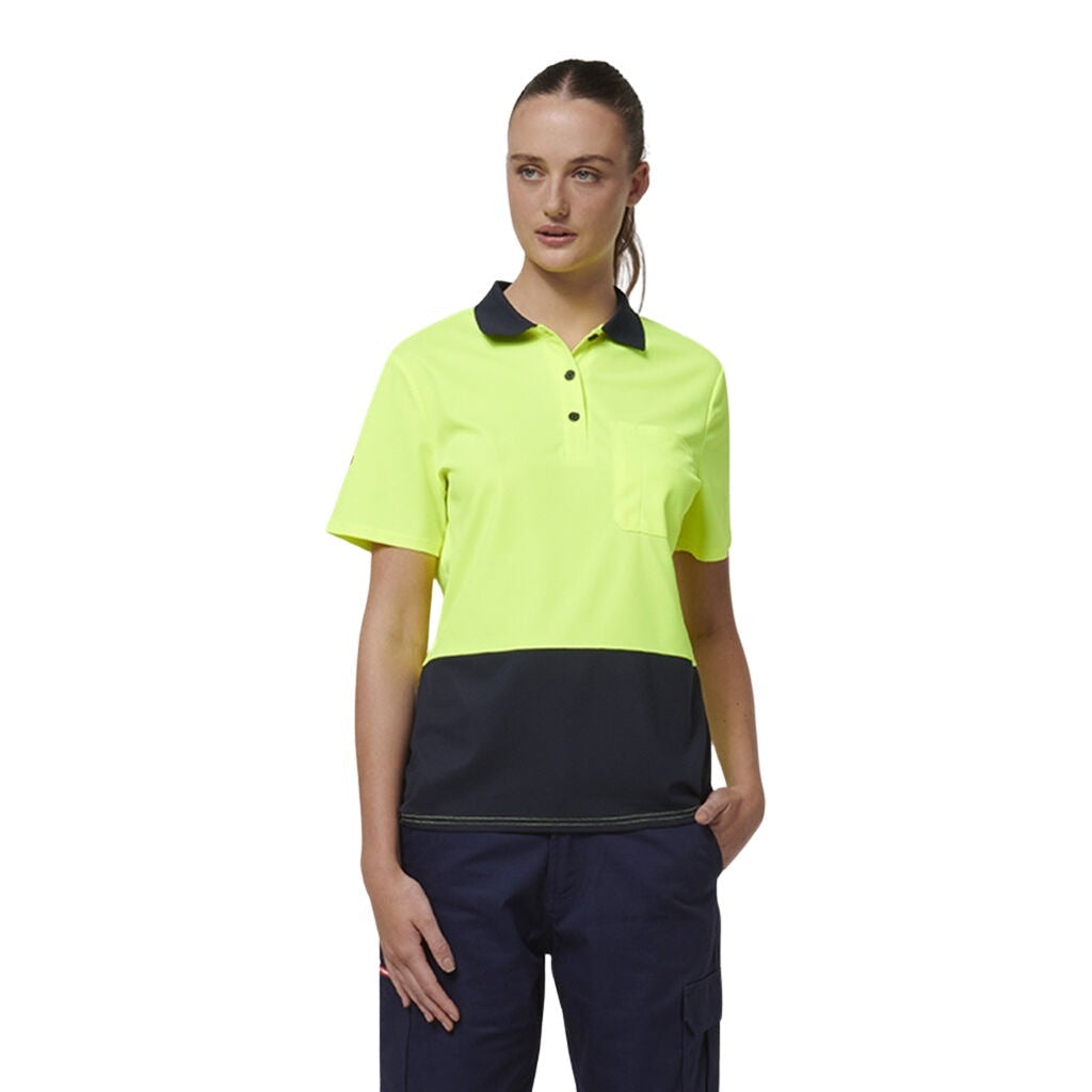 Hard Yakka Y08601 Womens Short Sleeve Hi Vis Polo - Yellow/Navy - Front View