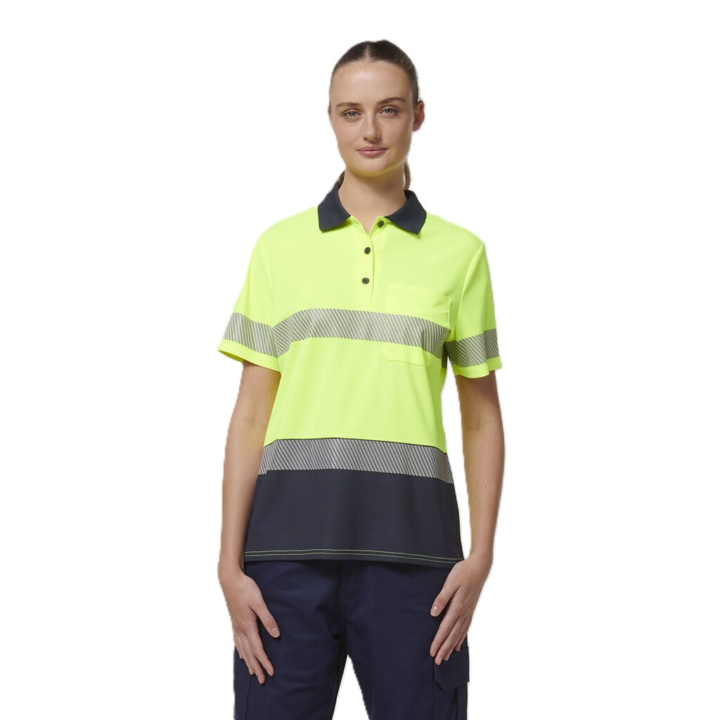 Hard Yakka Y08602 Womens Short Sleeve Hi Vis Taped Polo - Yellow/Navy - Alternative Front View