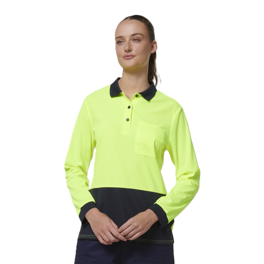 Hard Yakka Y08603 Womens Long Sleeve Hi Vis Polo - Yellow/Navy - Alternative Front View