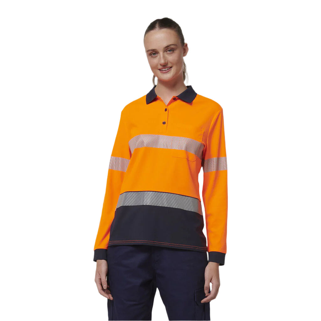 Hard Yakka Y08604 Womens Long Sleeve Hi Vis Taped Polo - Orange/Navy - Front View