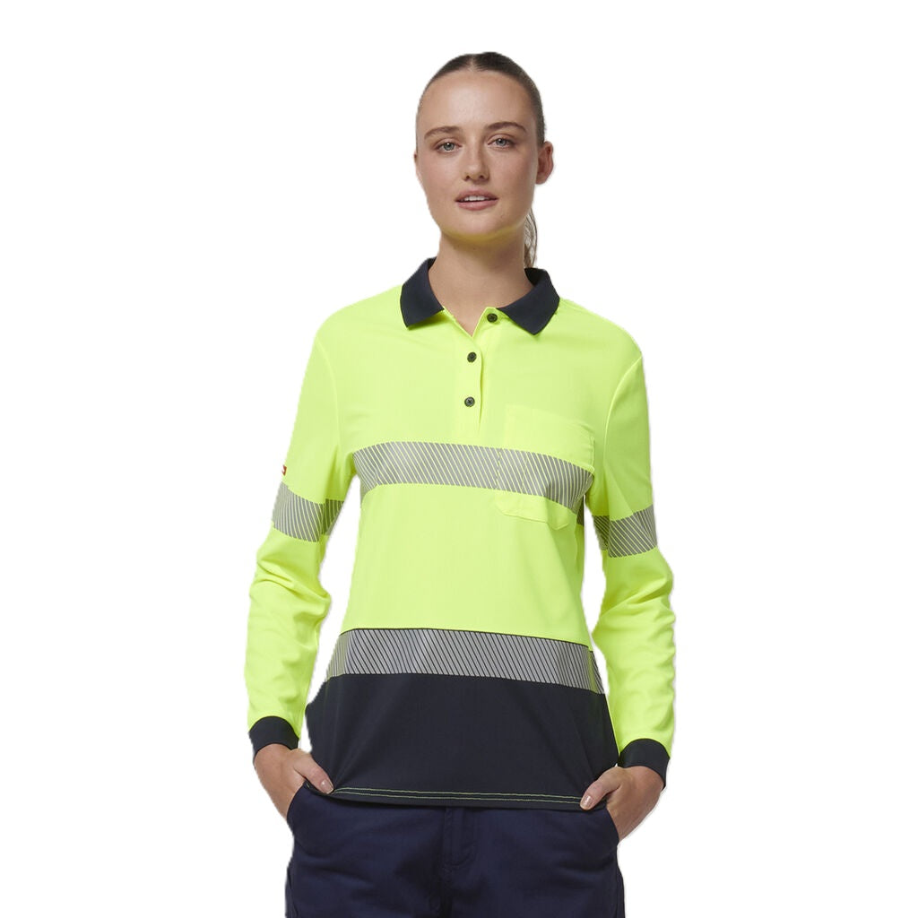 Hard Yakka Y08604 Womens Long Sleeve Hi Vis Taped Polo - Yellow/Navy - Alternative Front View