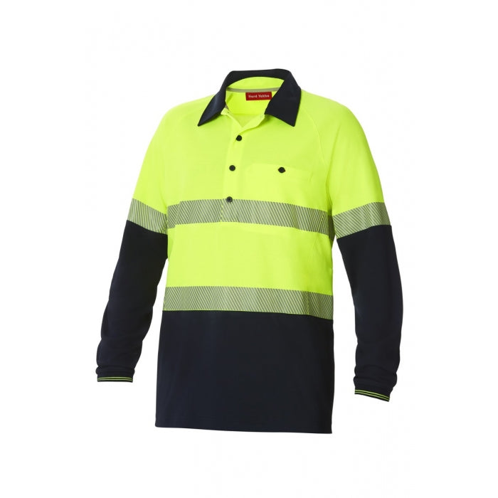 Hard Yakka Y11379 Koolgear HiVisibility 2-Tone Long Sleeve Ventilated Polo With Segmented Tape - Yellow/Navy - Front View