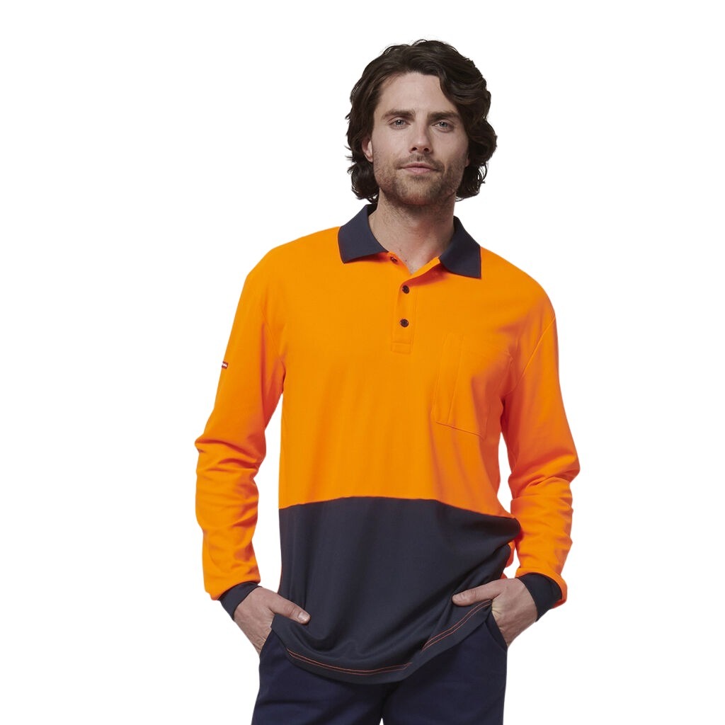 Hard Yakka Y19617 Mens Long Sleeve Hi Vis Polo - Orange/Navy - Alternative Angled View