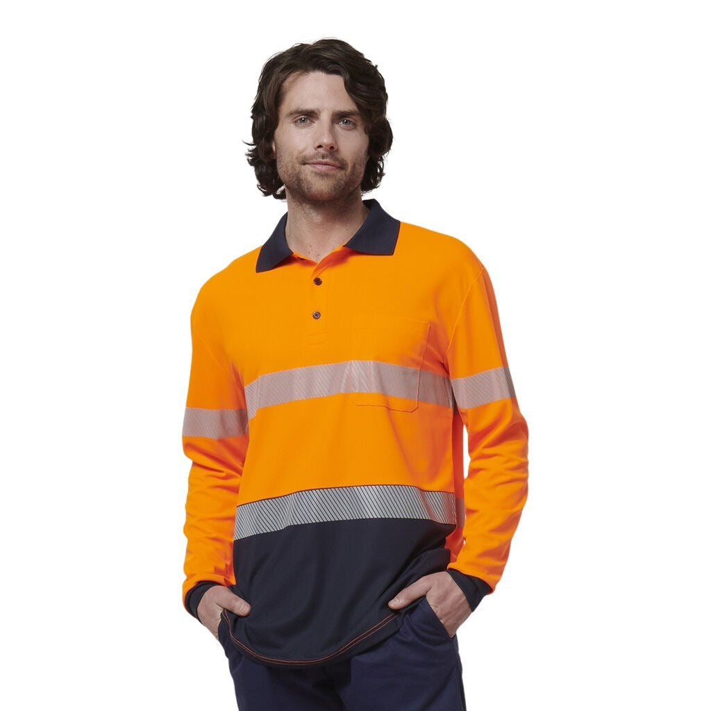 Hard Yakka Y19619 Mens Long Sleeve Hi Vis Taped Polo - Orange/Navy - Angled View