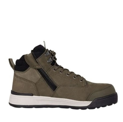 Green hiking boot with black accents on a white background
