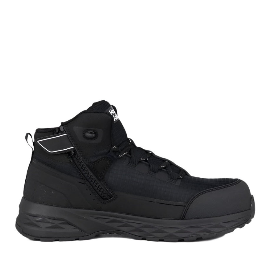 Black high-top sneaker with a white background
