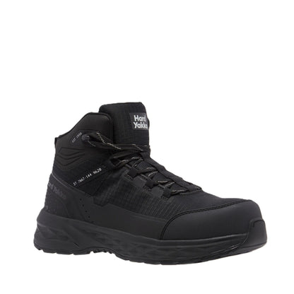 Black high-top sneaker with brand logo on a white background