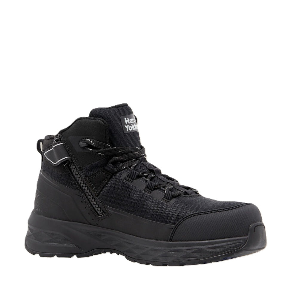 Black high-top sneaker with brand logo on a white background