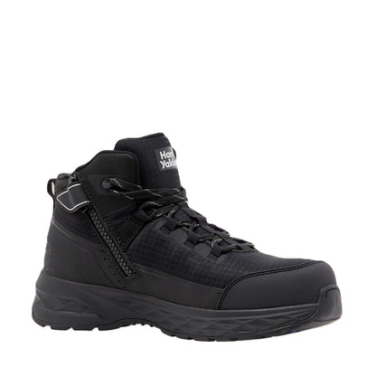 Black high-top sneaker with brand logo on a white background