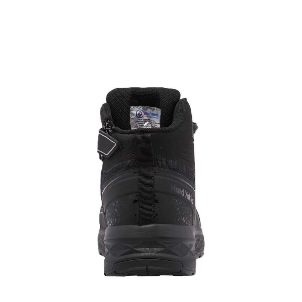 Black high-top boot with visible brand label on a white background