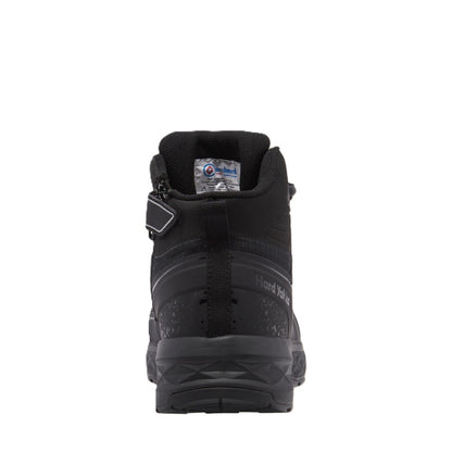 Black high-top boot with visible brand label on a white background