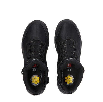 Black high-top sneakers with a focus on sole design on a white background