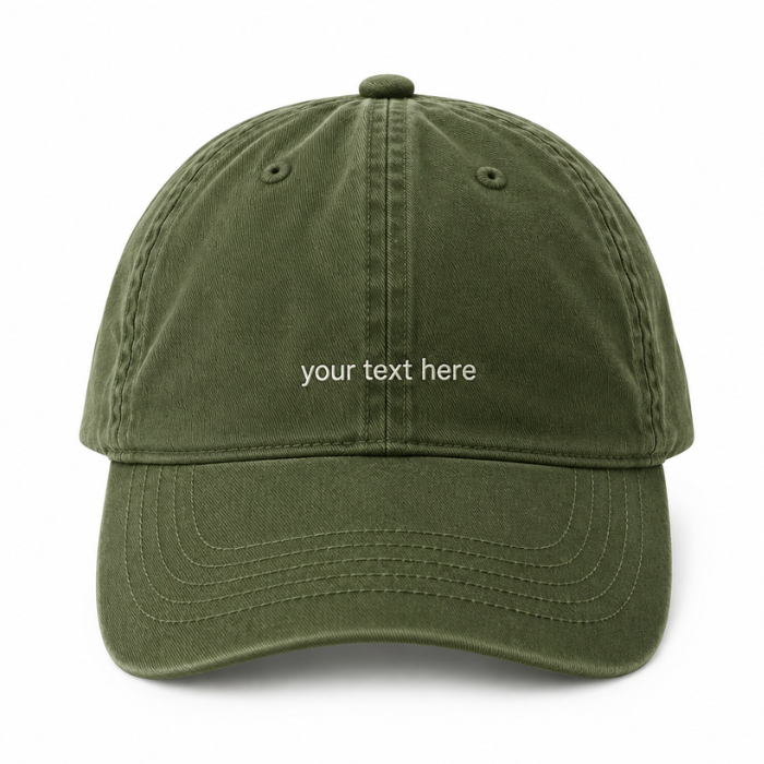 An olive green cotton baseball cap AH130 with custom embroidery available "your text here" 