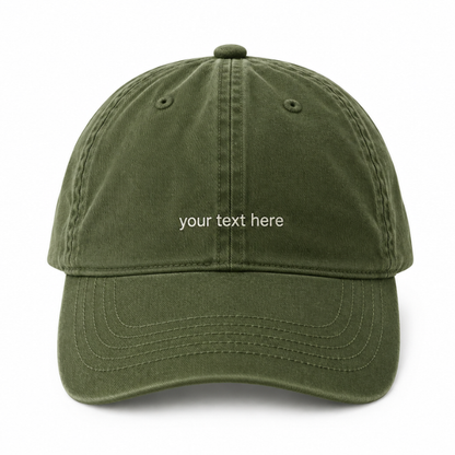 An olive green cotton baseball cap AH130 with custom embroidery available "your text here" 