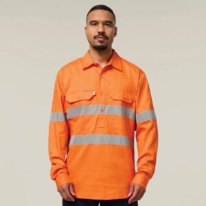 Hard Yakka Y07899 Hi Vis Closed Front Taped Long Sleeve Cotton Drill Shirt