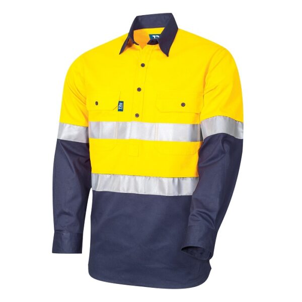 Tru Workwear DS2114T1 Regular Weight L/S Cotton Closed Front Hi-Vis Shirt With Reflective Tape - Image 2