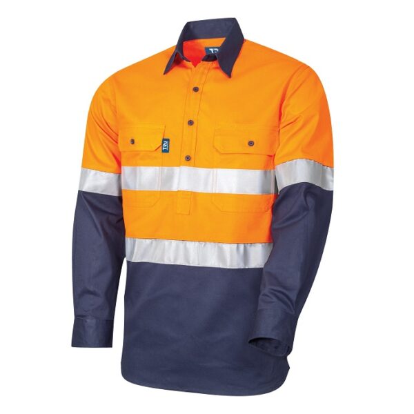 Tru Workwear DS2114T1 Regular Weight L/S Cotton Closed Front Hi-Vis Shirt With Reflective Tape - Image 3