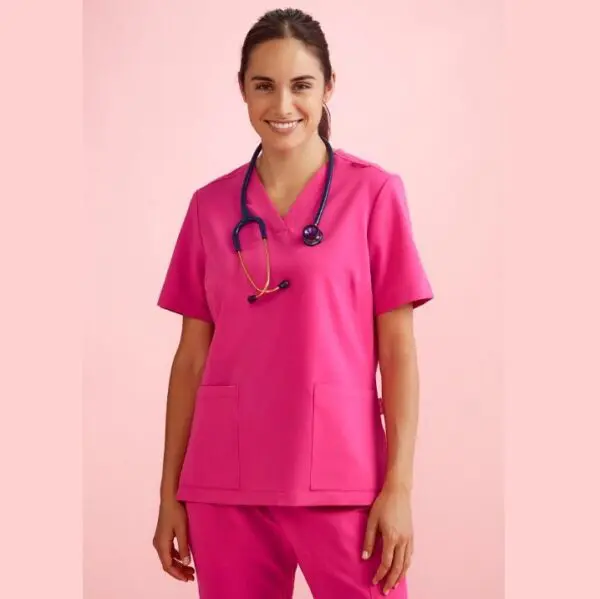 Biz Care CST245LS Womens Pink V-Neck Scrub Top