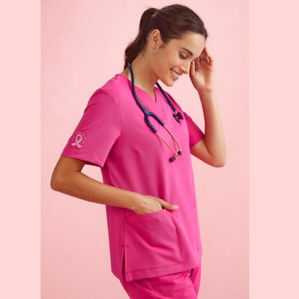 Biz Care CST245LS Womens Pink V-Neck Scrub Top - Image 2
