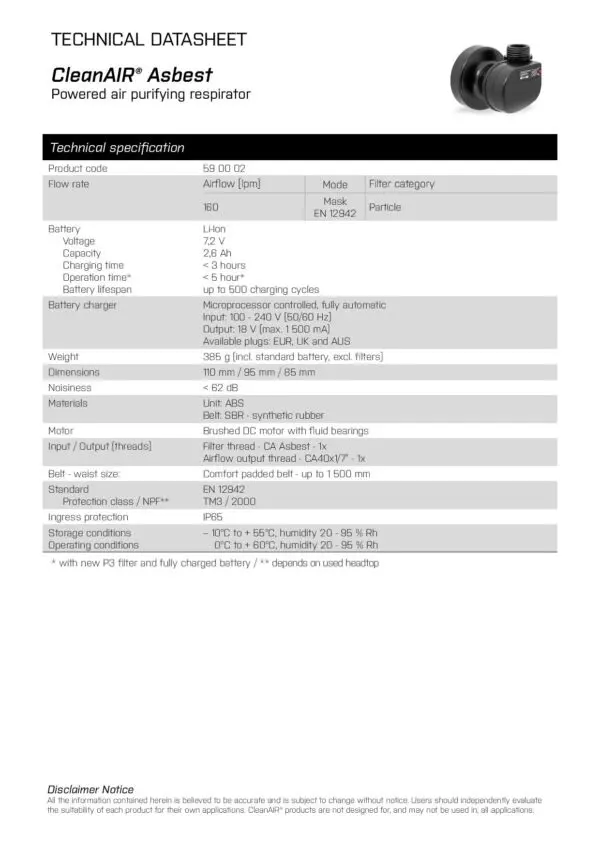 Maxisafe R590002 CleanAIR Asbest PAPR with battery, charger, hose & belt - Image 3