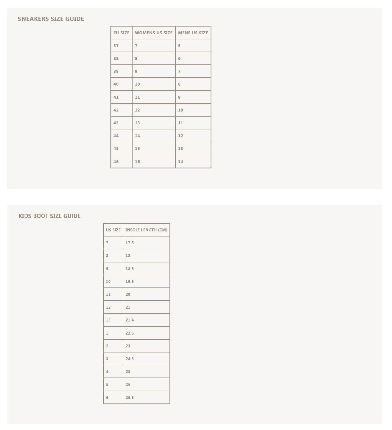 Product Size Chart