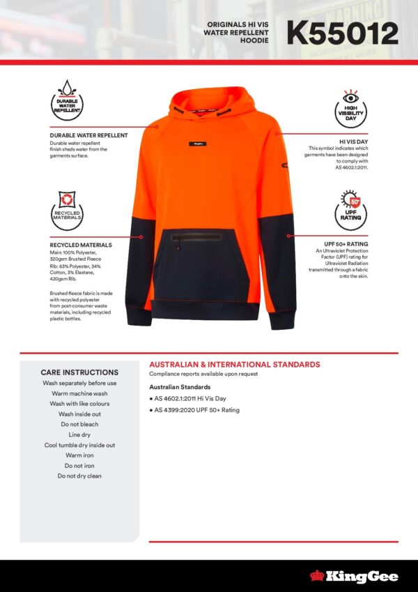 KingGee K55012 Originals Hi Vis Water Repellent Hoodie - Image 9